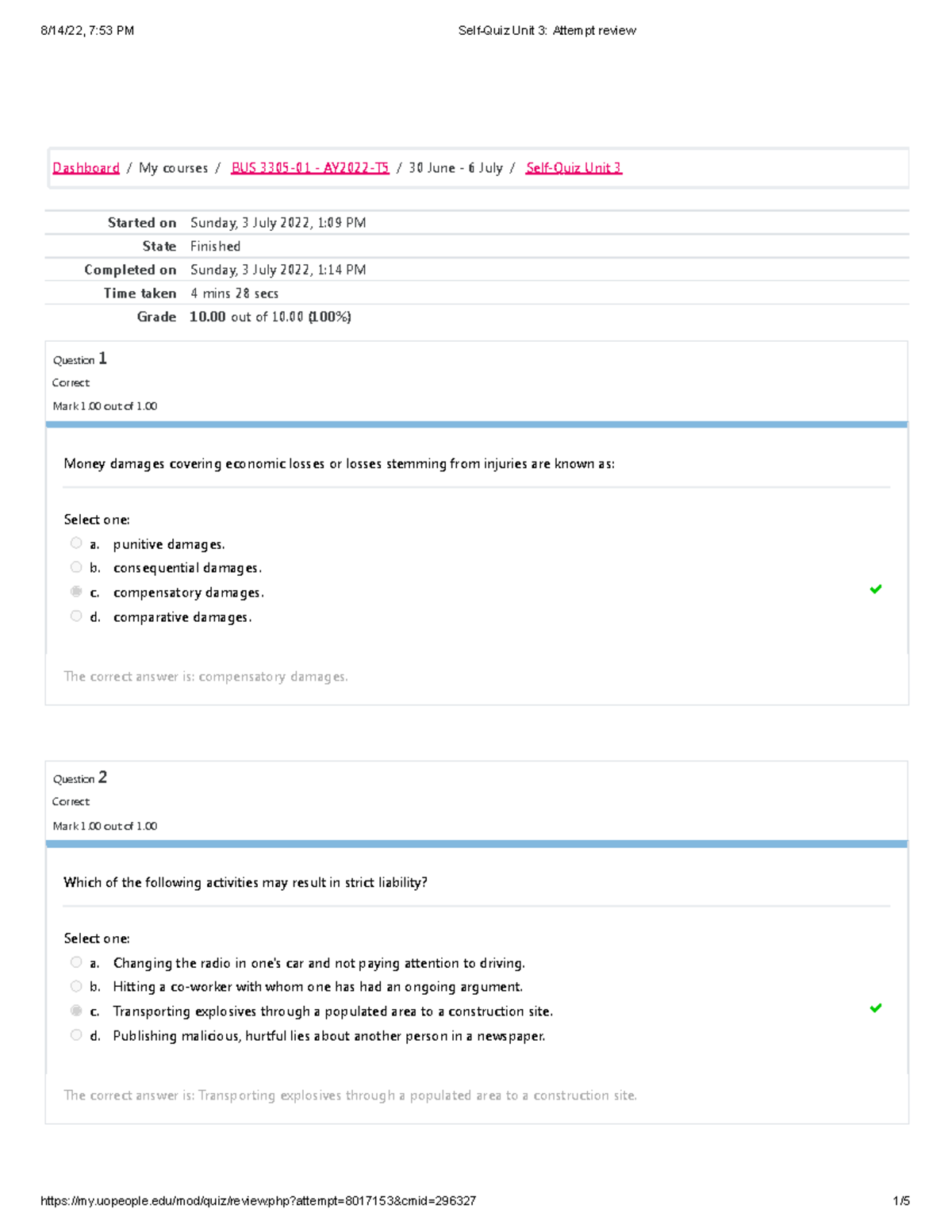BUS 3305 Business Law and Ethics Self-Quiz Unit 3 - Started on Sunday ...