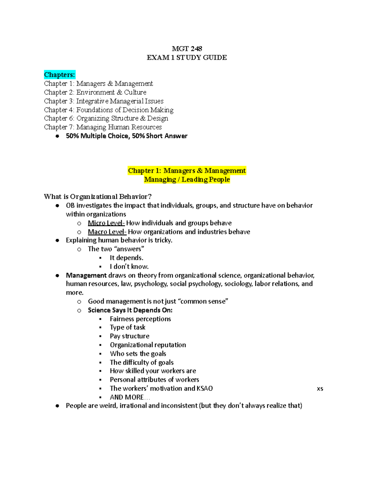 MGT 248 Exam 1 Study Guide - MGT 248 EXAM 1 STUDY GUIDE Chapters ...