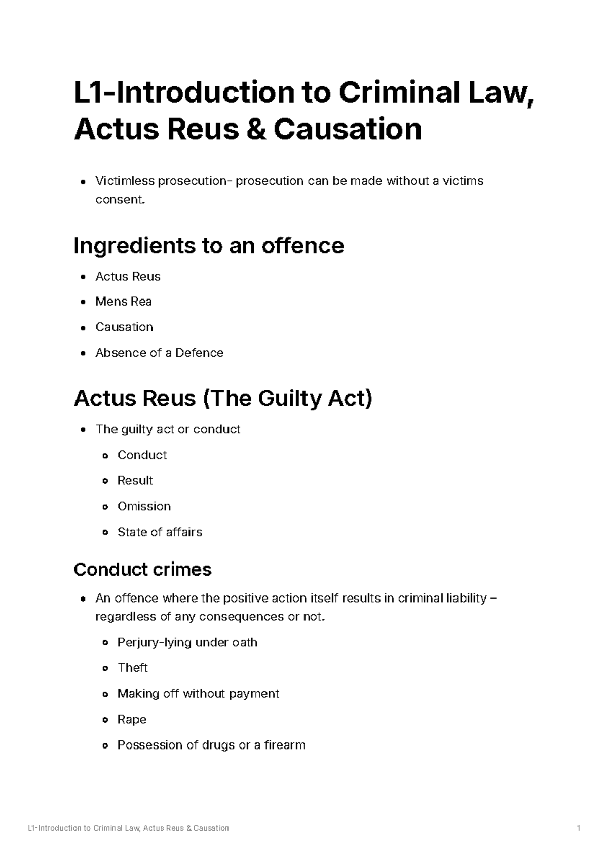 L1- Actus Reus - L1-Introduction to Criminal Law, Actus Reus ...