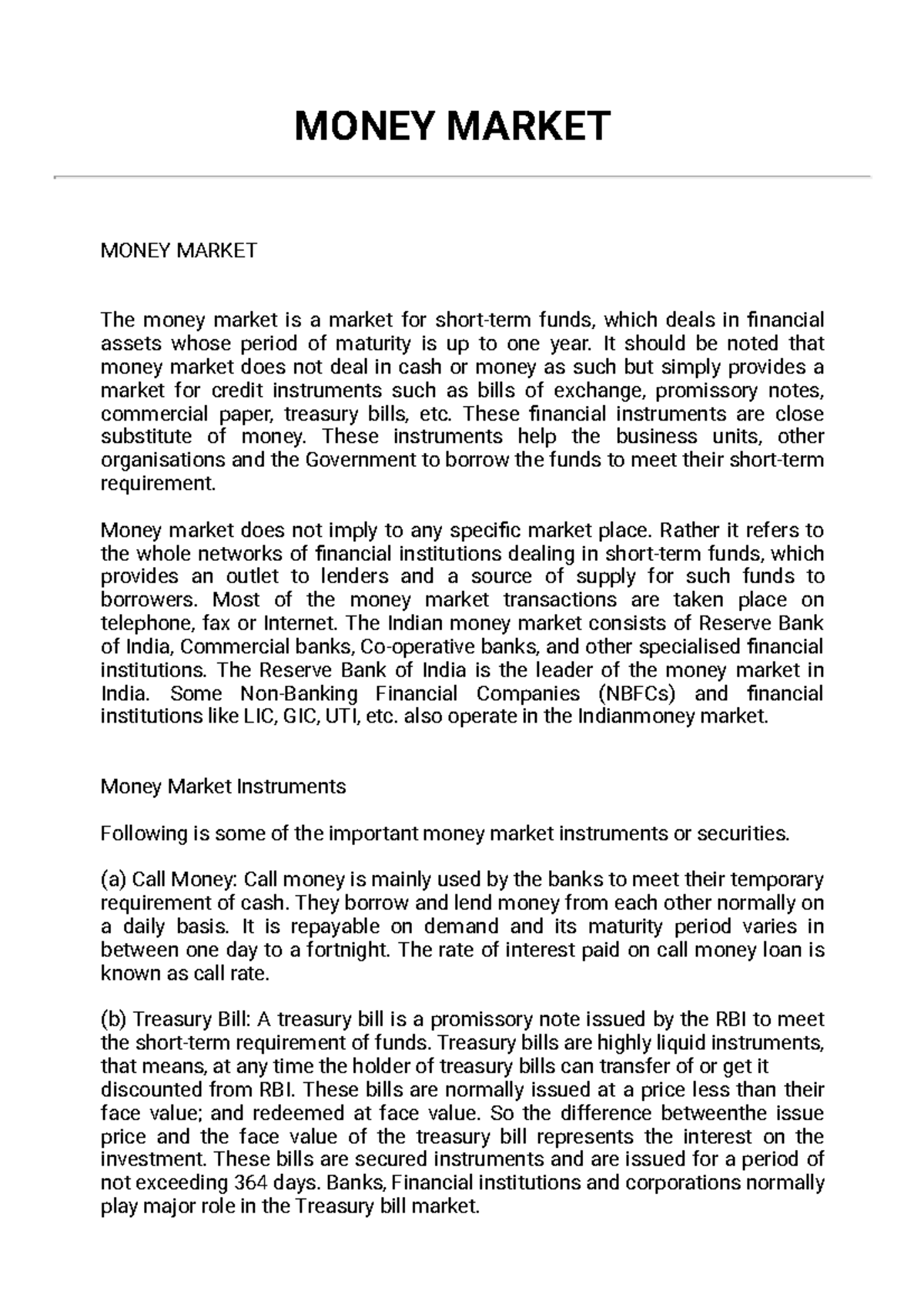 essay about money market