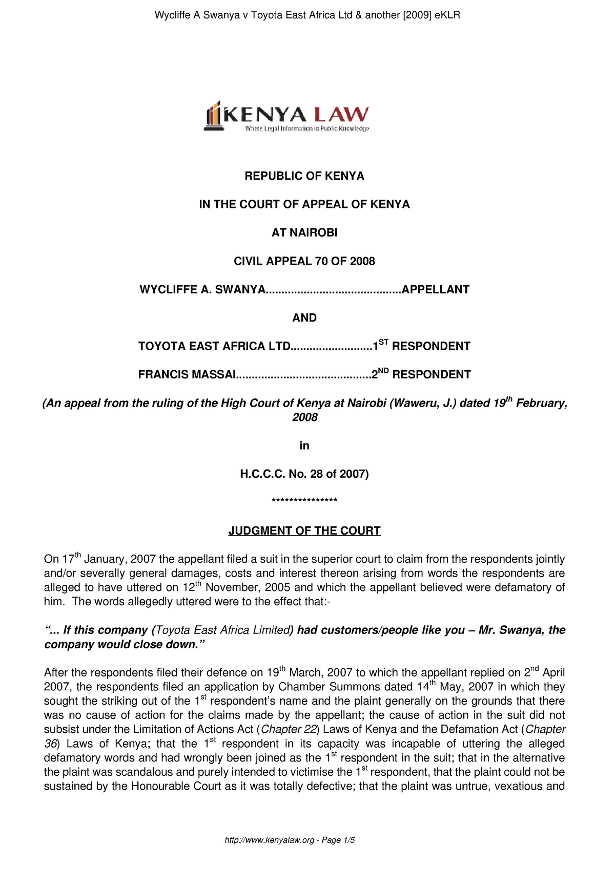 Civil Appeal 70 Of 2008 REPUBLIC OF KENYA IN THE COURT OF APPEAL OF   Thumb 1200 1697 