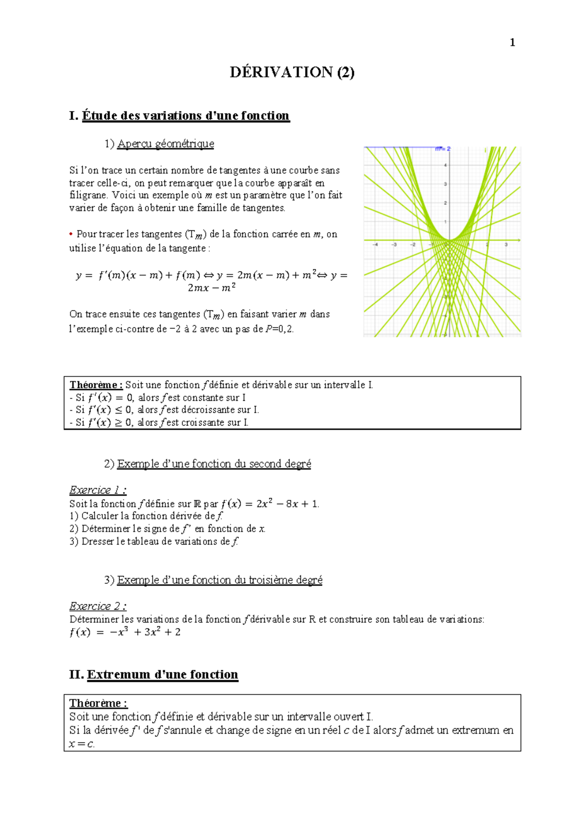 Application de la dérivation - 1 DÉRIVATION (2) I. Étude des variations ...