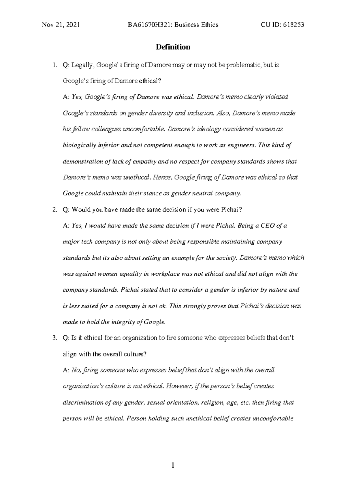 Case Study 2 Part 1 Nov 21 2021 BA61670H321 Business Ethics CU ID