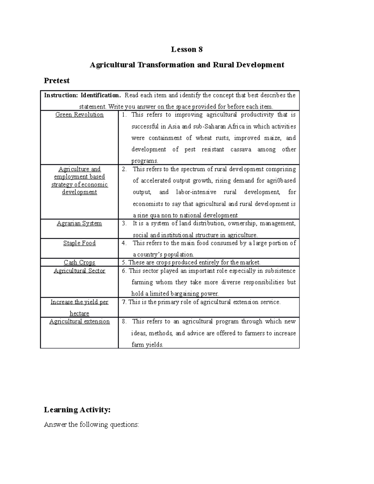 Agricultural Transformation and Rural Development - Lesson 8 ...