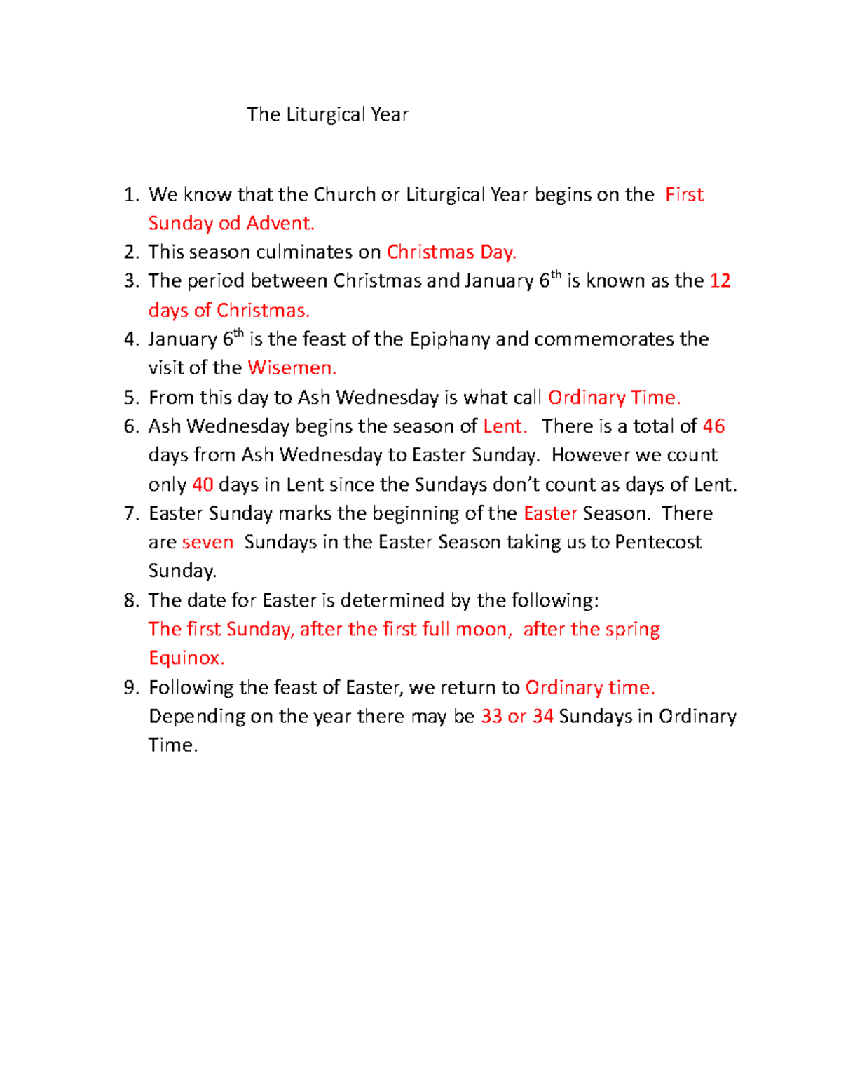 Liturgical Year Answer Sheet The Liturgical Year We know that the
