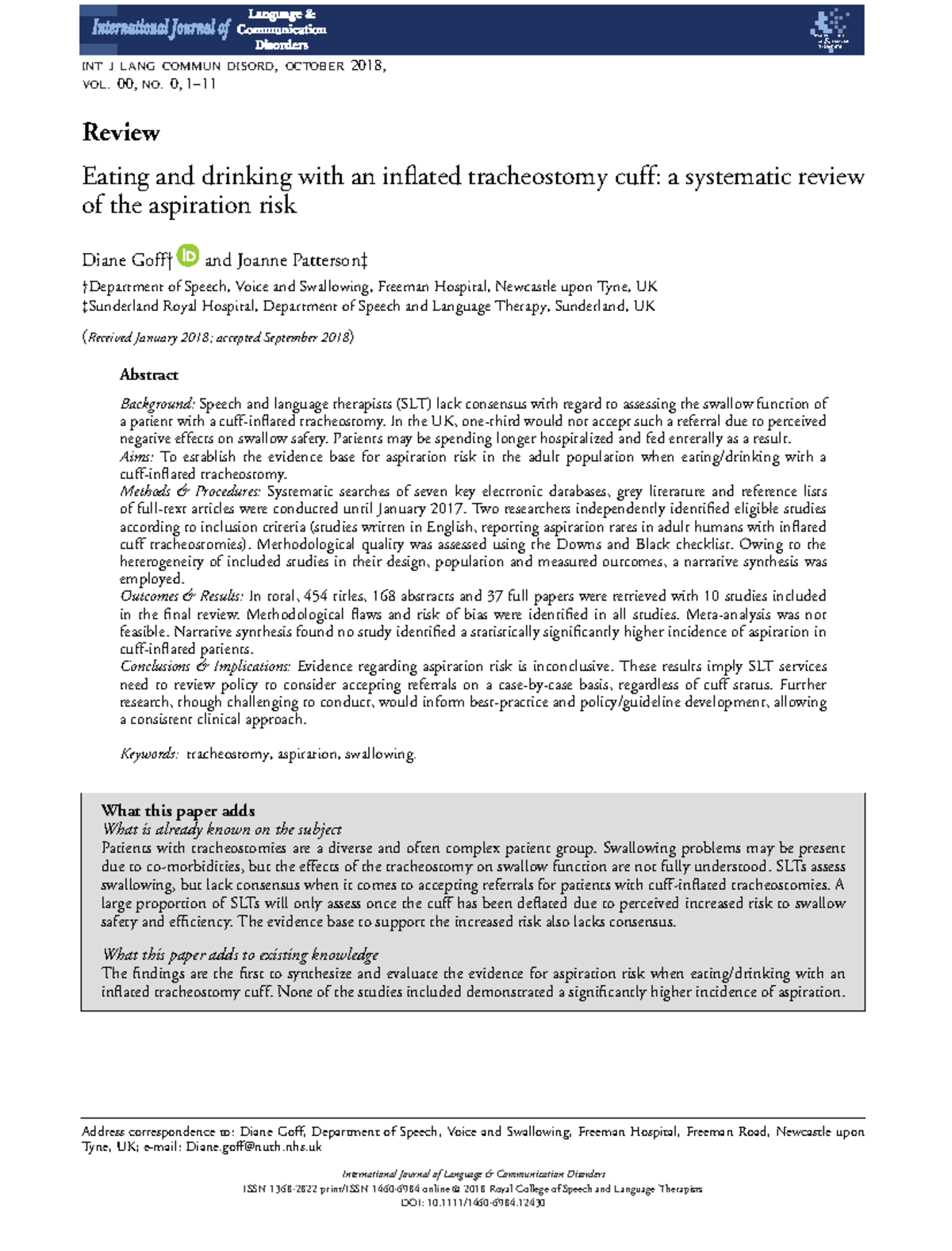 Eating and drinking with an inflated tracheostomy cuff= a systematic
