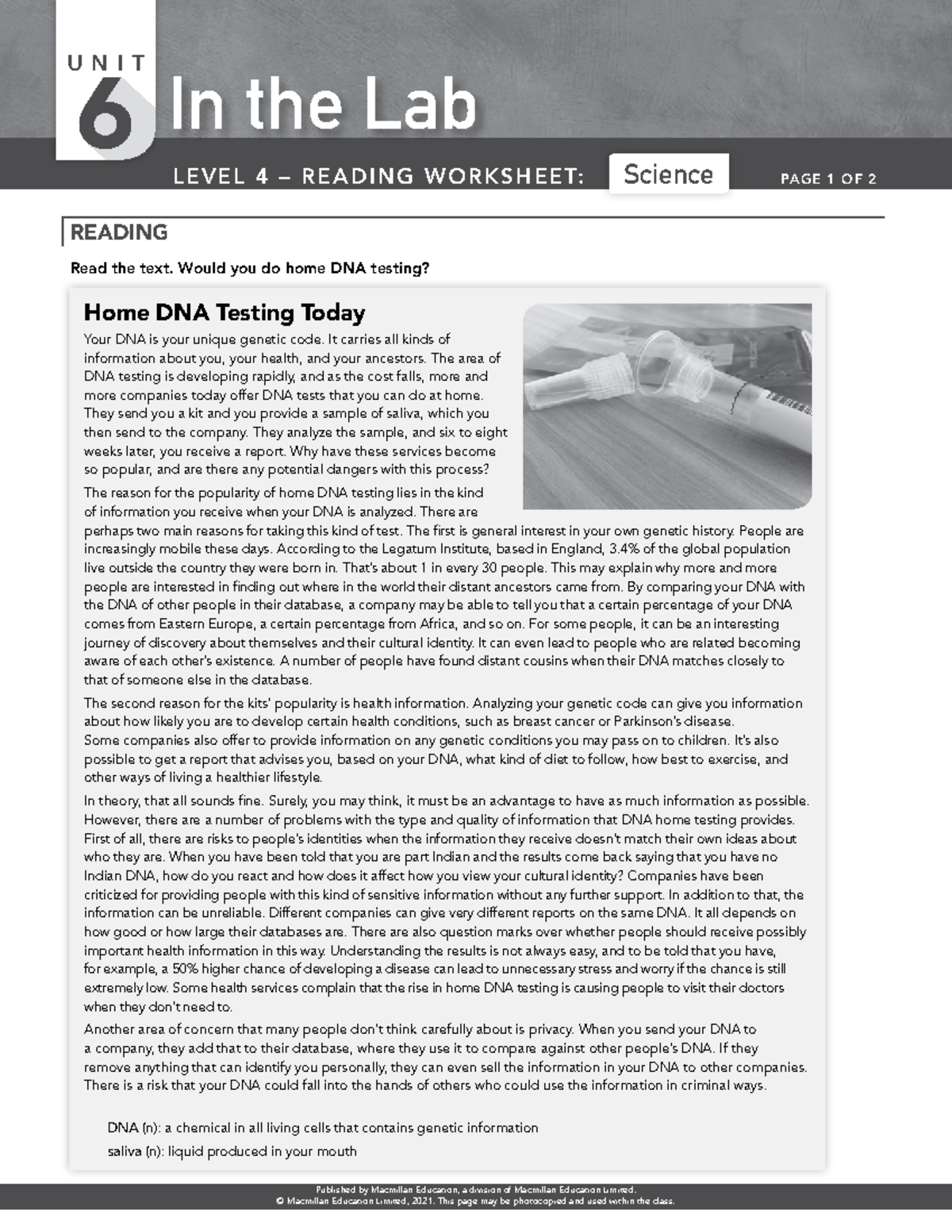 Previous Reading English 9 -4B I - 6 U N I T In the Lab LE V EL 4 – RE ...