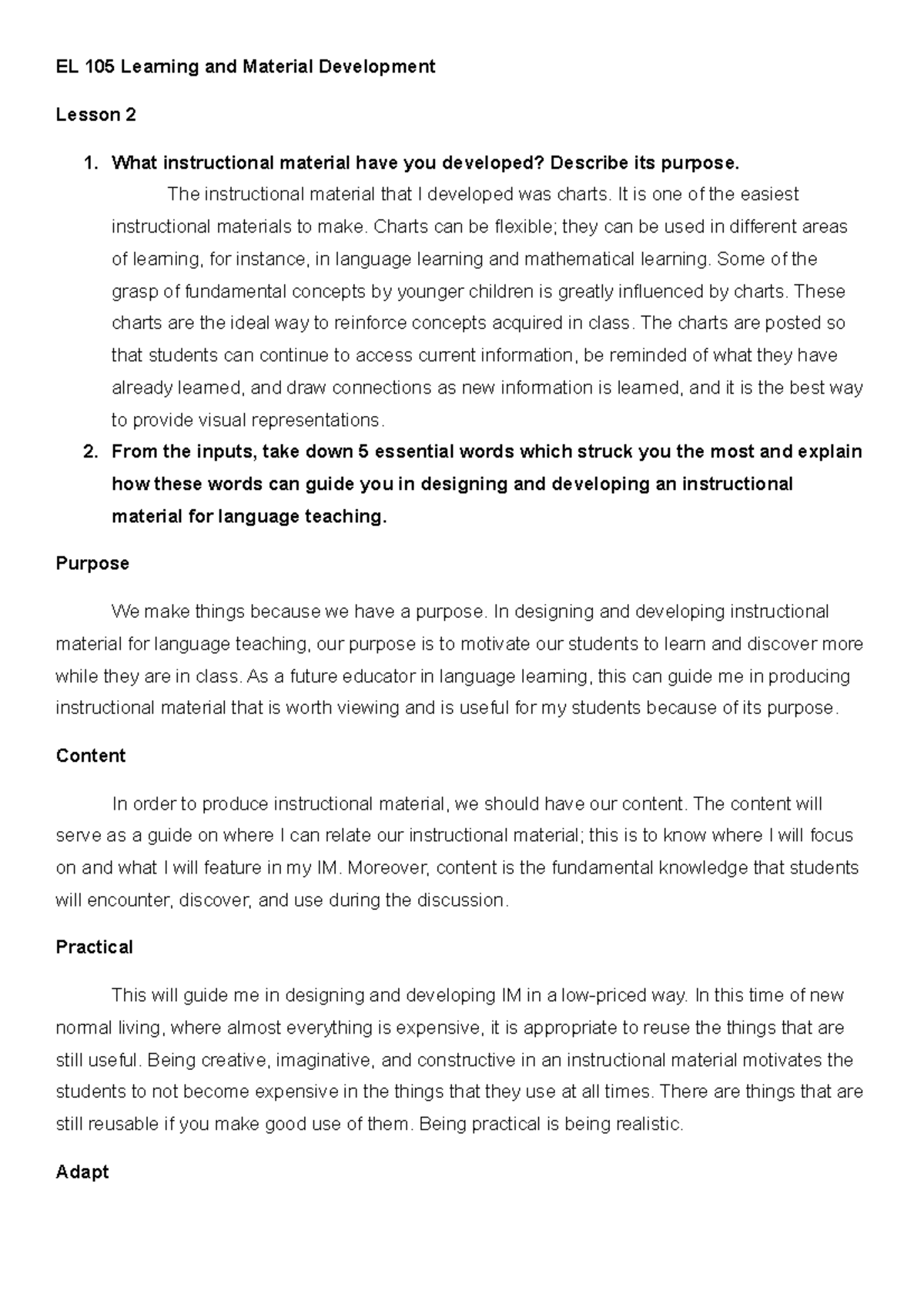 L2 EL 105 This is related to Language and Material Development course