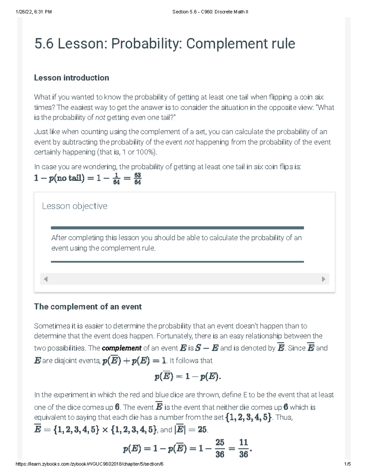 Section 5.6 - C960 Discrete Math II - 5 Lesson: Probability: Complement ...