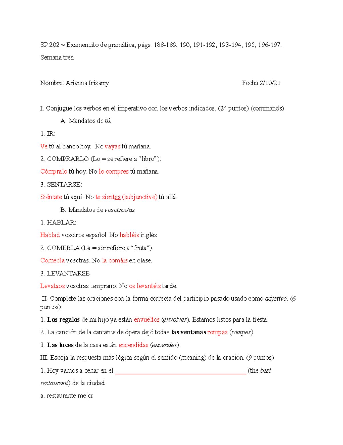 Lesson 6 - Grammar Quiz - Continuemos - SP 202 ~ Examencito De ...