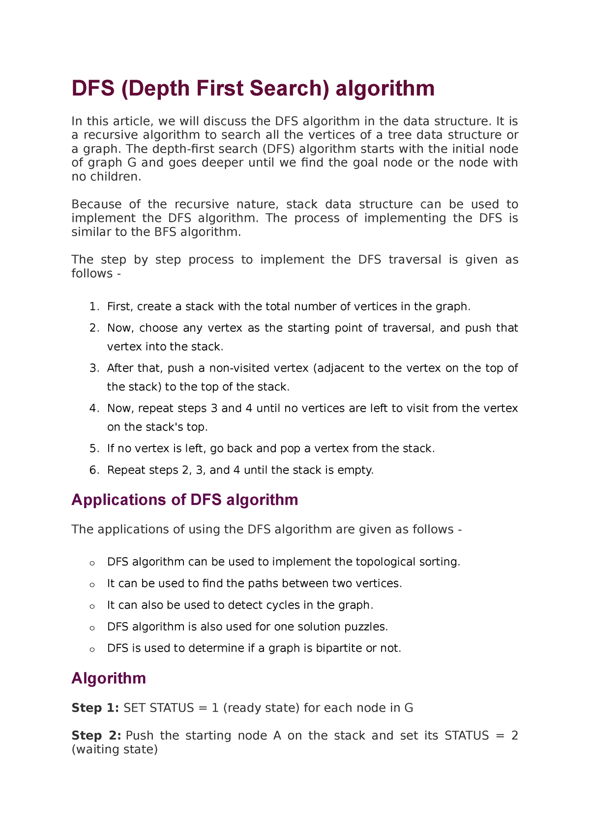 DFS (Depth First Search) Algorithm - It Is A Recursive Algorithm To ...