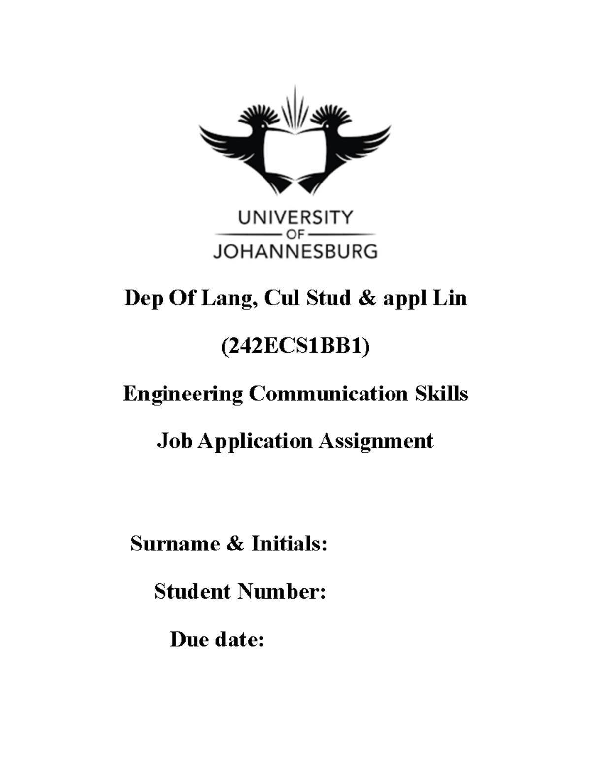 Job Application Assignment - Dep Of Lang, Cul Stud & appl Lin ...