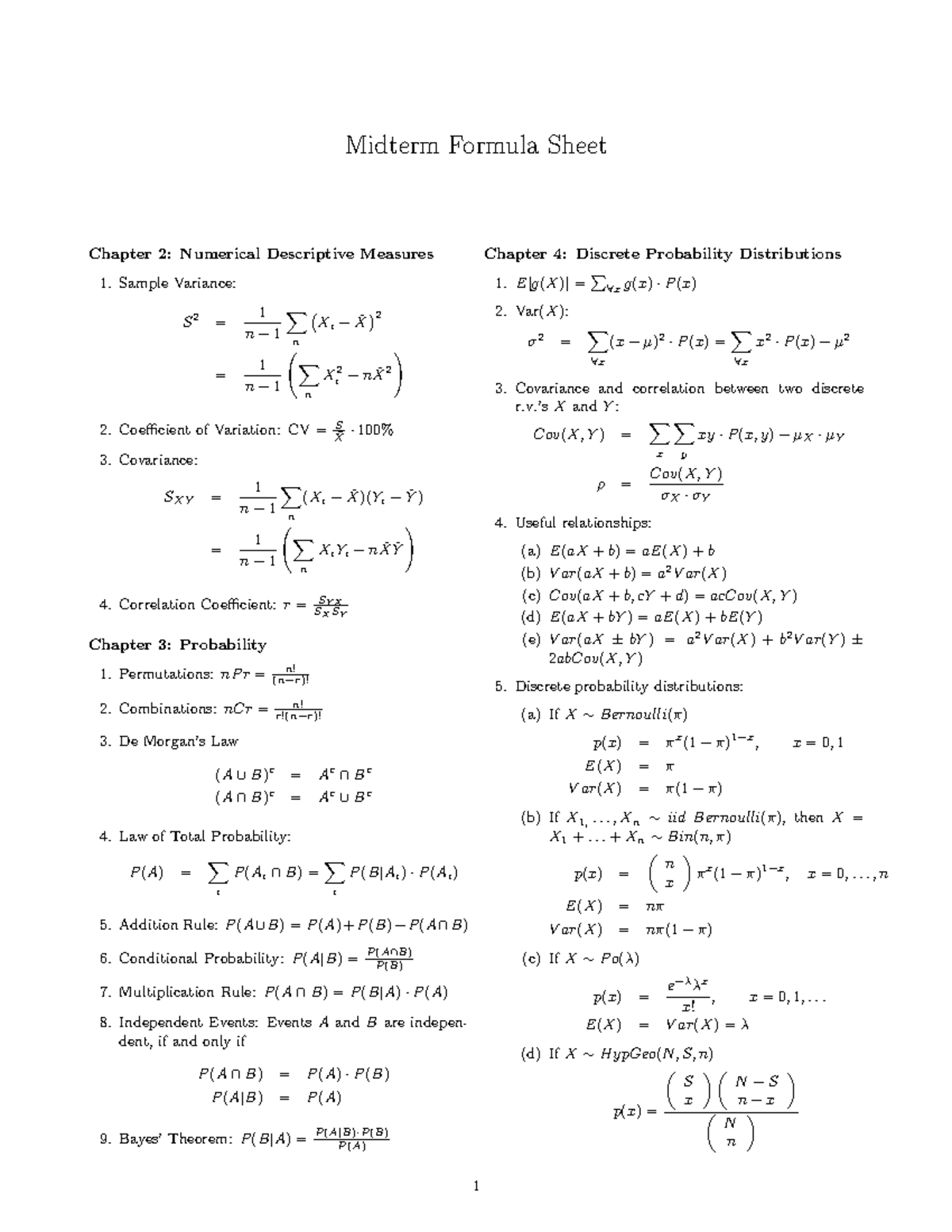 Formula sheet midterm - NAAAAAAAAAAAAAAAAAAAAAAAAA - Midterm Formula ...