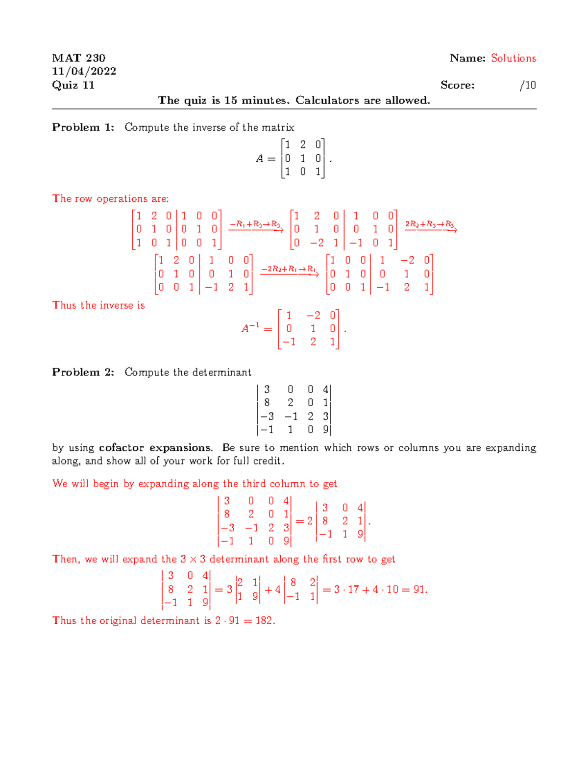 Quiz 11, Solutions MAtrix algebra quiz with answers MAT 230 Name