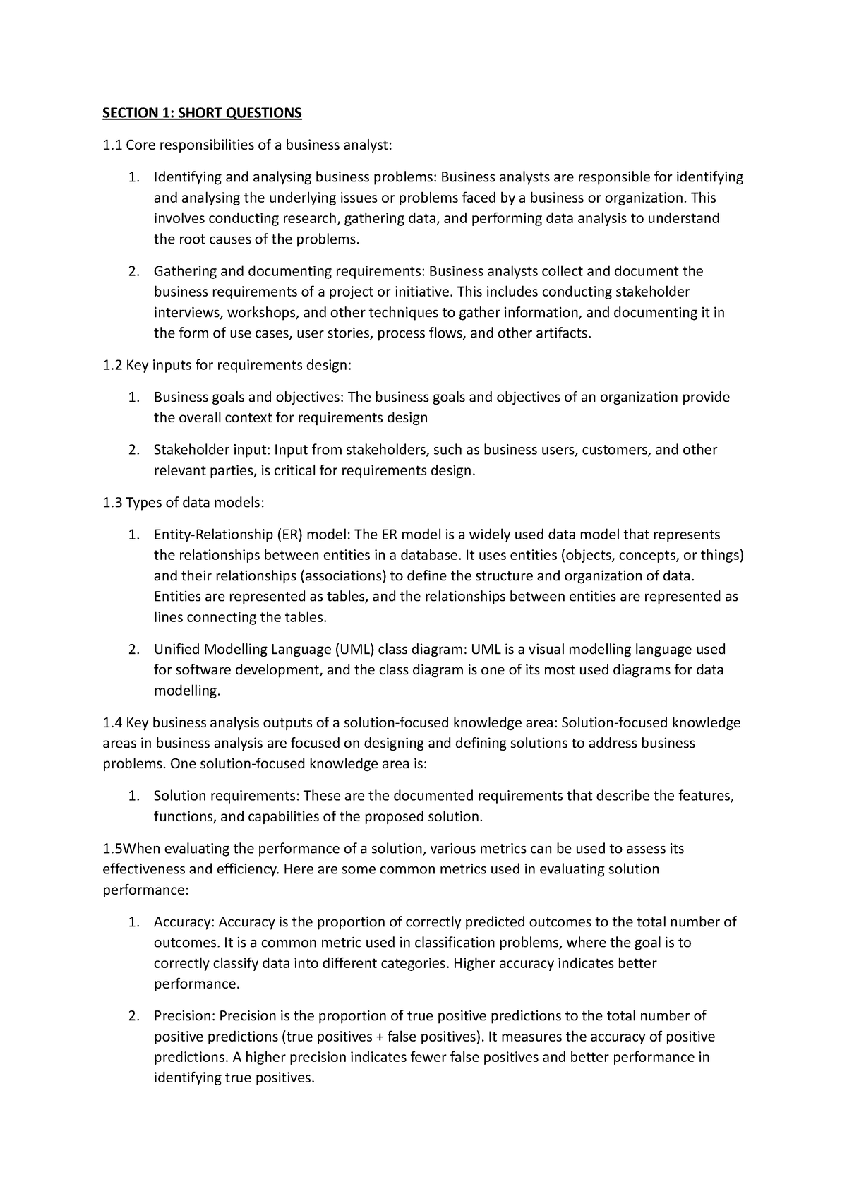 Business Analysis - no desc - SECTION 1: SHORT QUESTIONS 1 Core ...