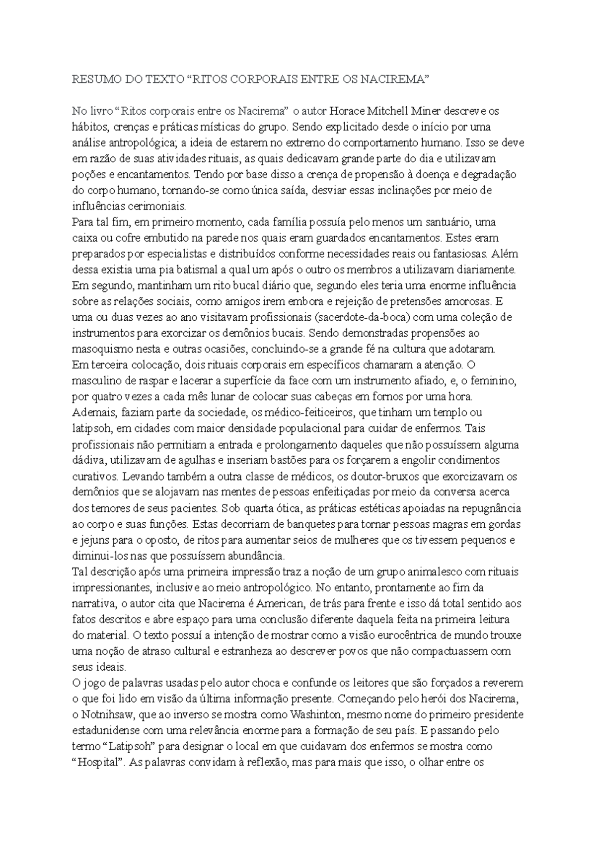 Resumo Livro Ritos Corporais Entre OS Nacirema, Horace Mitchell Miner ...