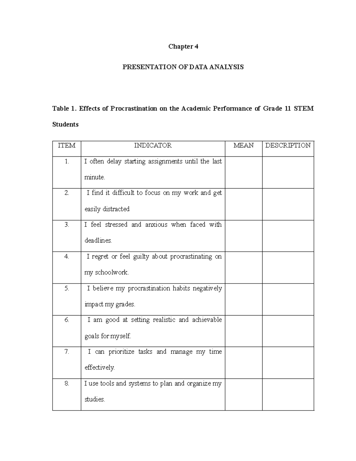 Chapter 4 STEM DATA Analysis - Chapter 4 PRESENTATION OF DATA ANALYSIS ...