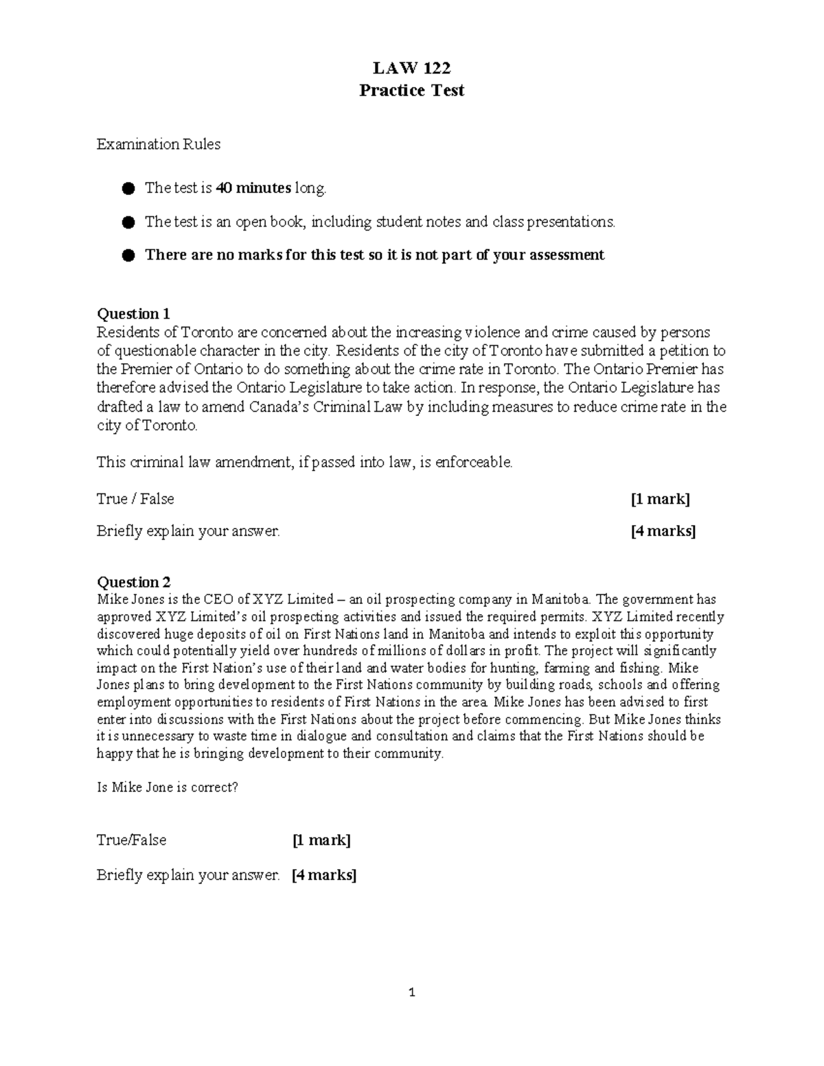 Midterm Practice Test Questions - LAW 122 Practice Test Examination ...