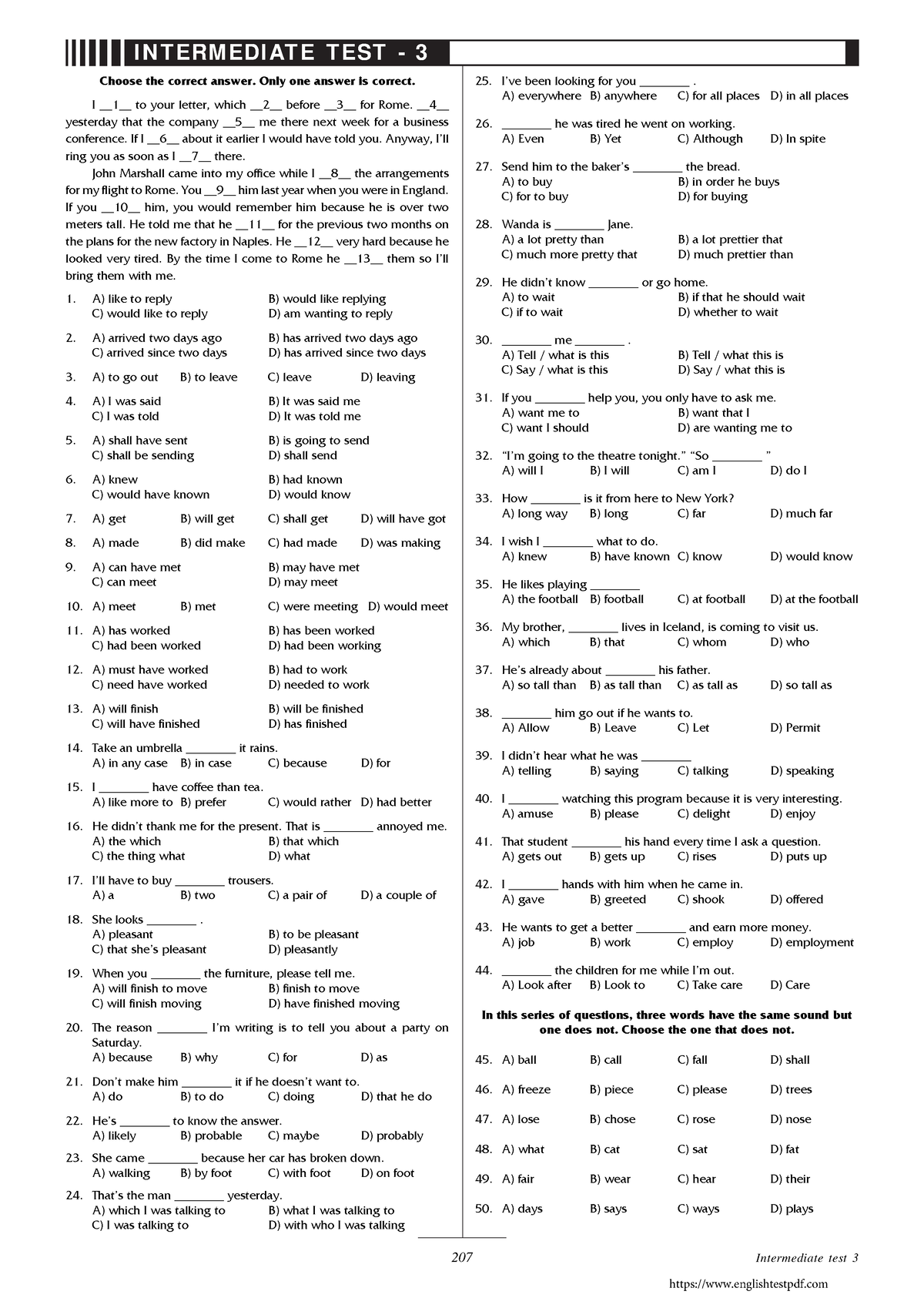 Grammar-intermediate-3 - 207 I N T ERM EDI AT E T EST - 3 Choose the ...