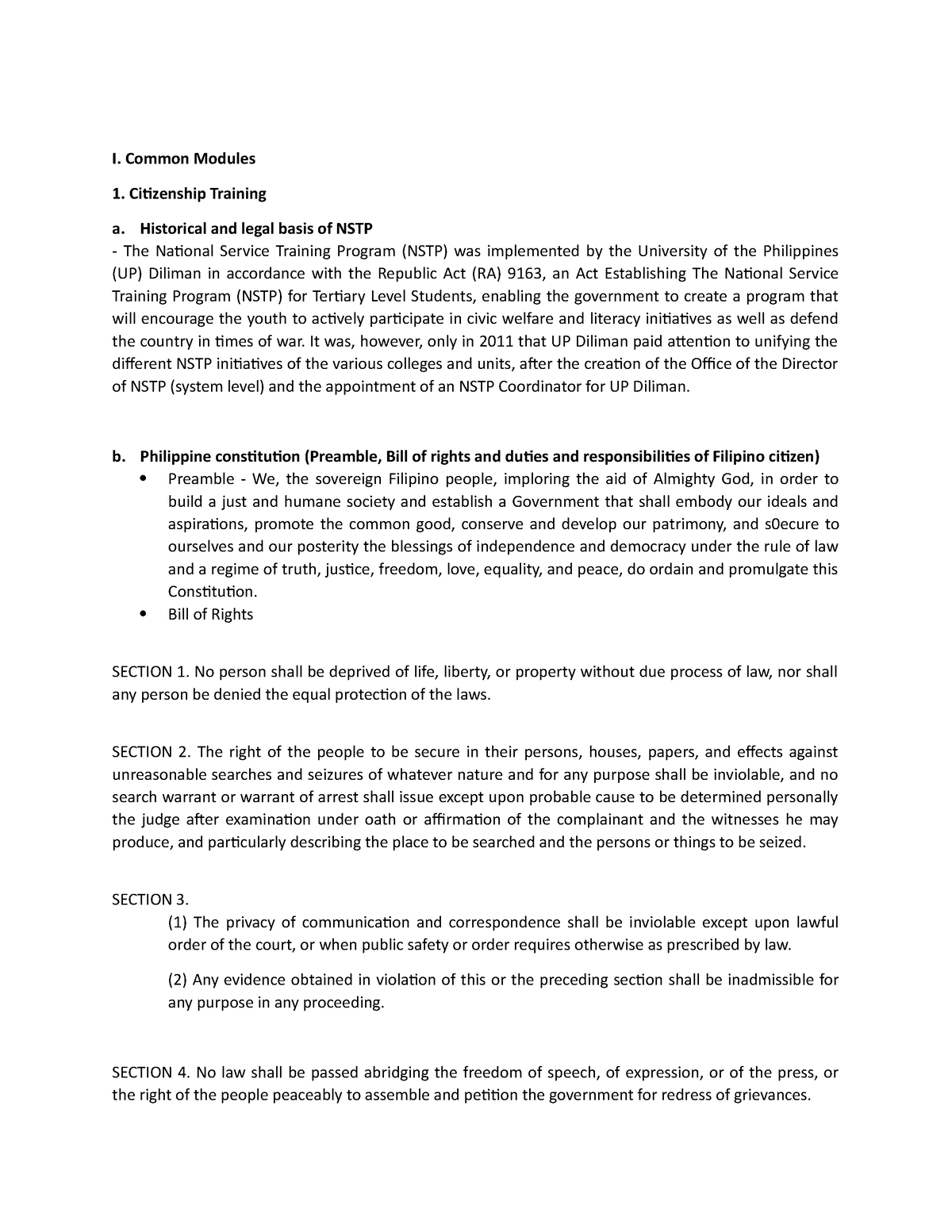 Nstp - nstp module assessment - I. Common Modules Citizenship Training ...