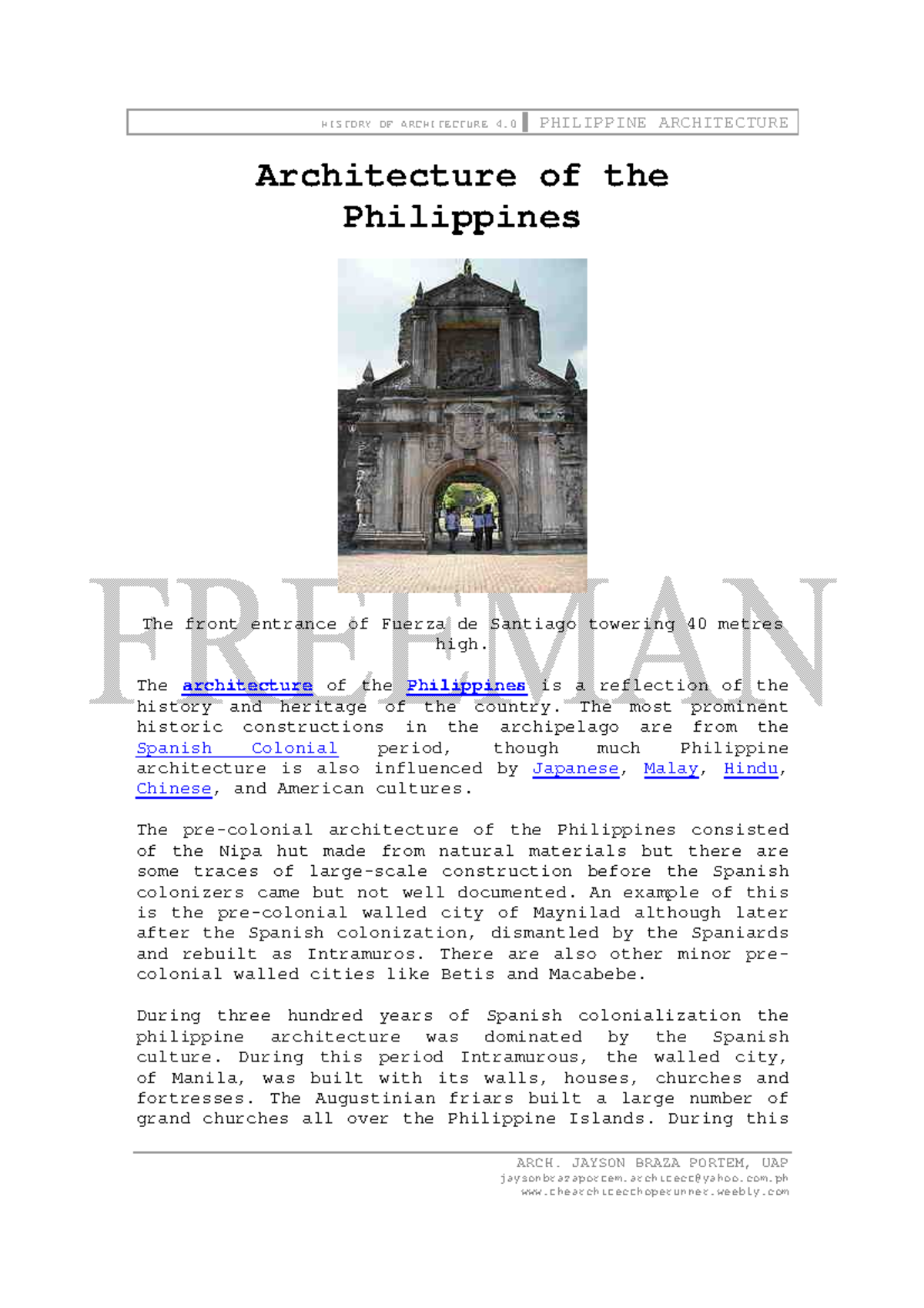 History OF Architecture 4 0 Philippine A ARCH. JAYSON BRAZA PORTEM
