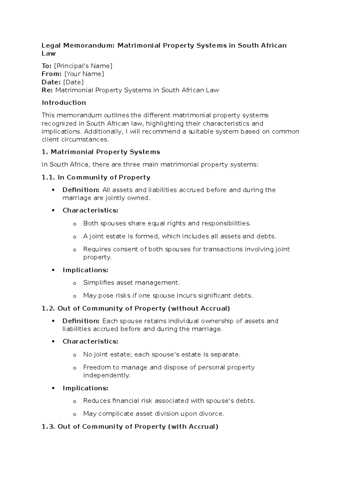 Family LAW Legal MEMO Example Legal Memorandum Matrimonial Property