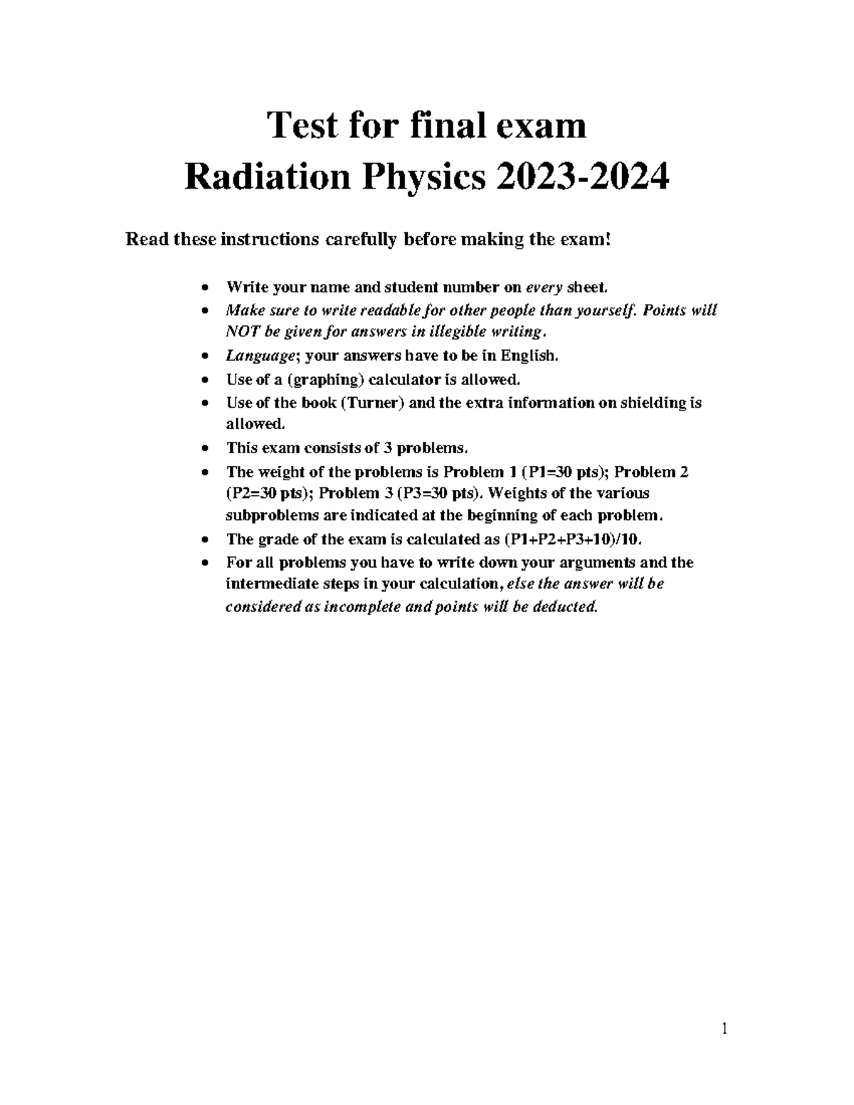 Test for final exam Radiation Physics 20232024 Make sure to write