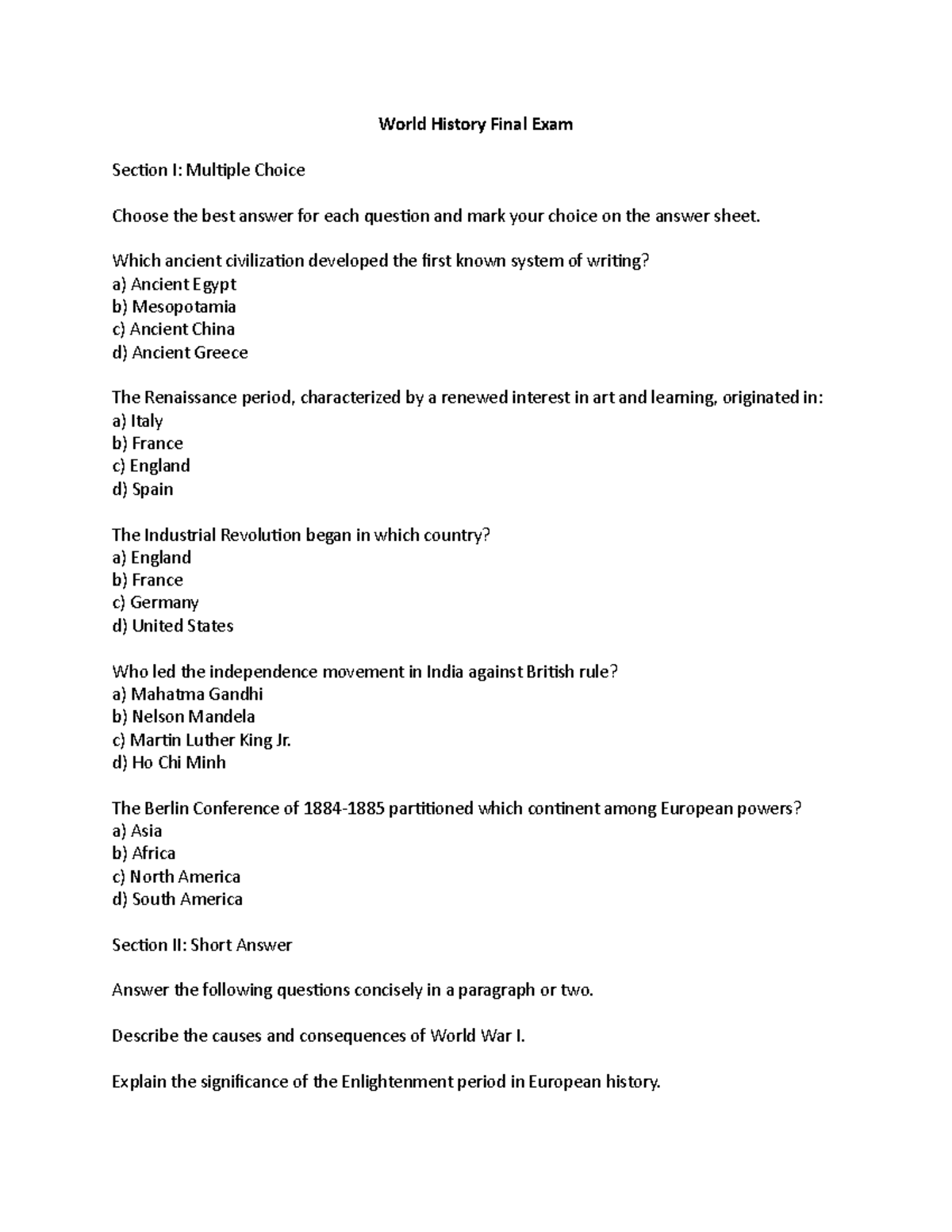 World History Final Exam World History Final Exam Section I Multiple
