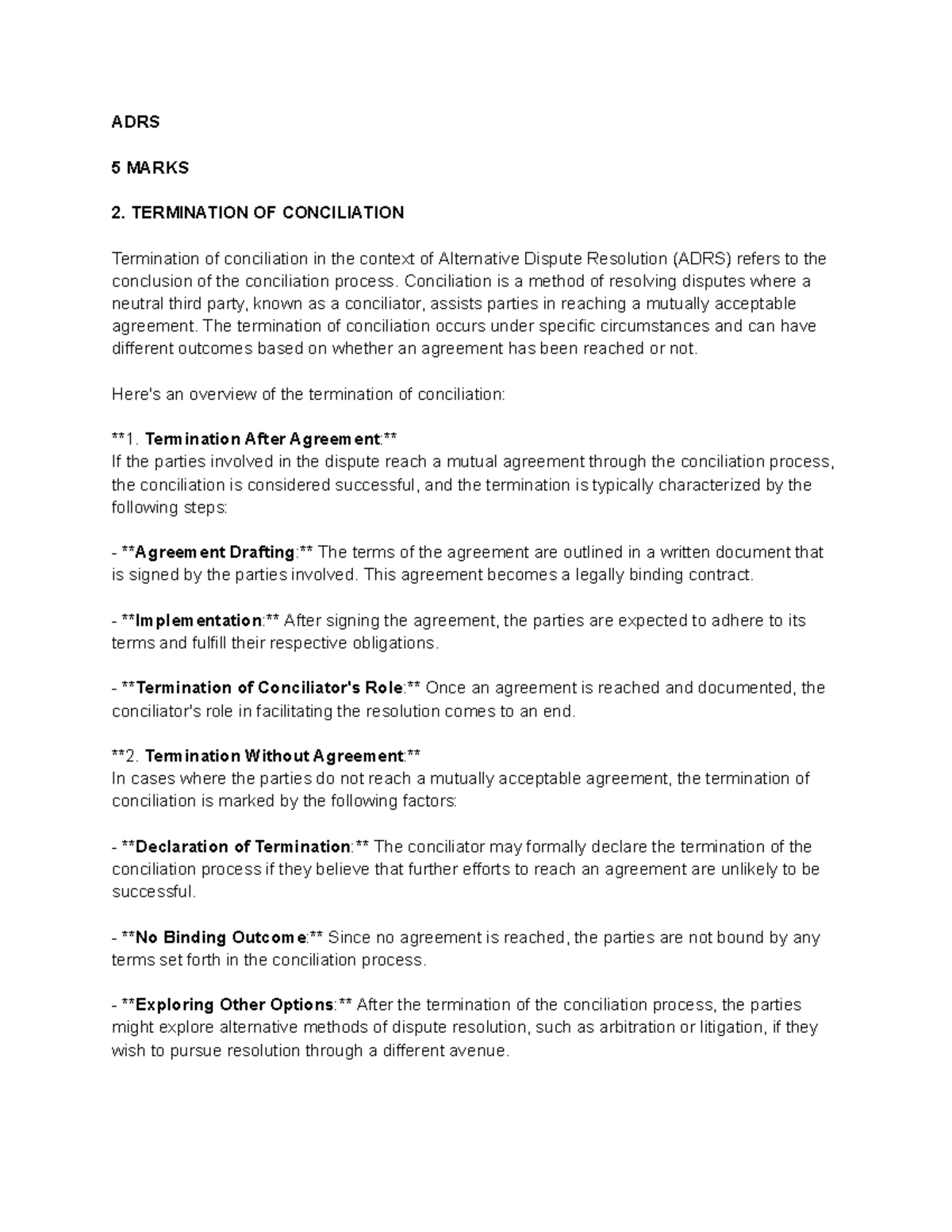 Termination of conciliation ADRS 5 MARKS 2. TERMINATION OF