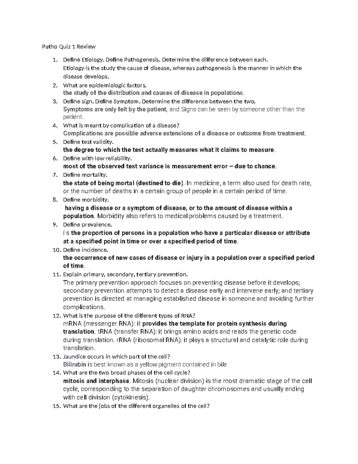Patho Quiz 1- W22 - Patho Quiz 1 Review 1. Define Etiology. Define ...