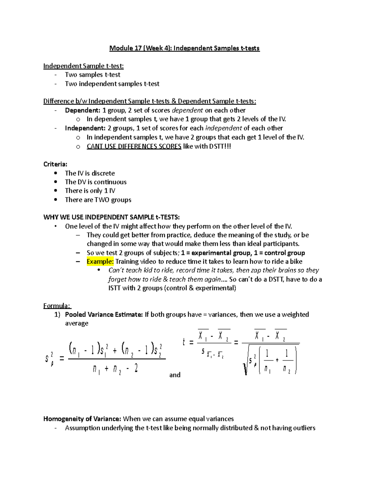 17 Independent Sample T Tests Module 17 Week 4 Independent Samples T Tests Independent Sample Studocu