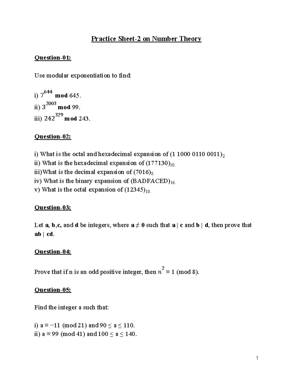 P2 - 230 notes - Question-01: Use modular exponentiation to find: i) 7 ...