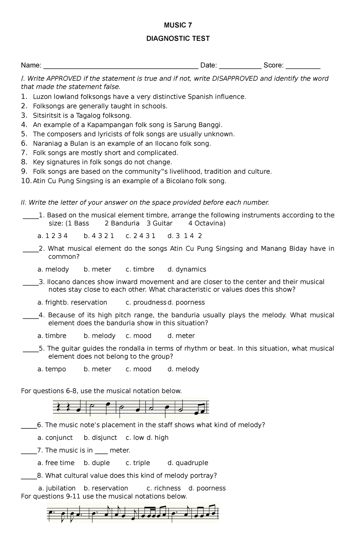 DT Mapeh with Answer KEY - MUSIC 7 DIAGNOSTIC TEST Name