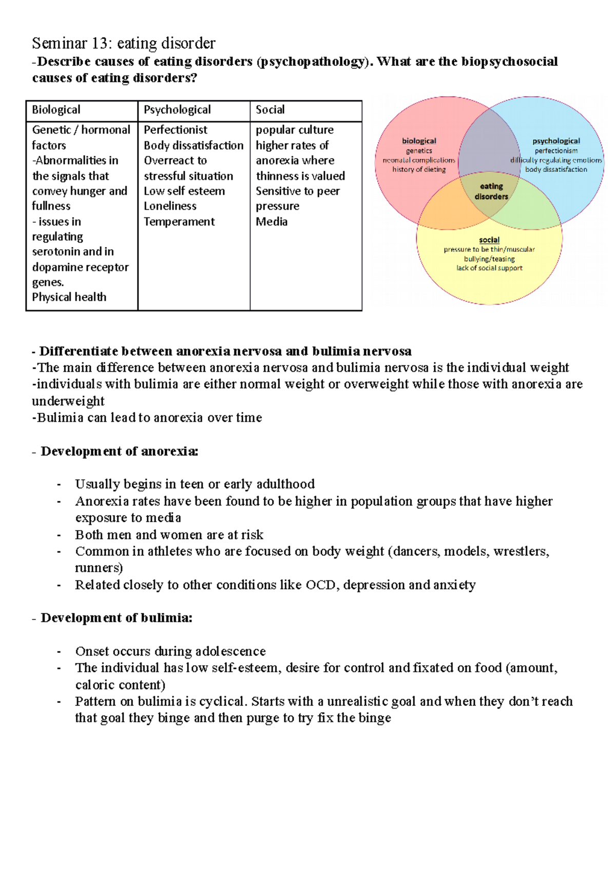 Seminar 13 EXAM Notes - Seminar 13: eating disorder -Describe causes of ...