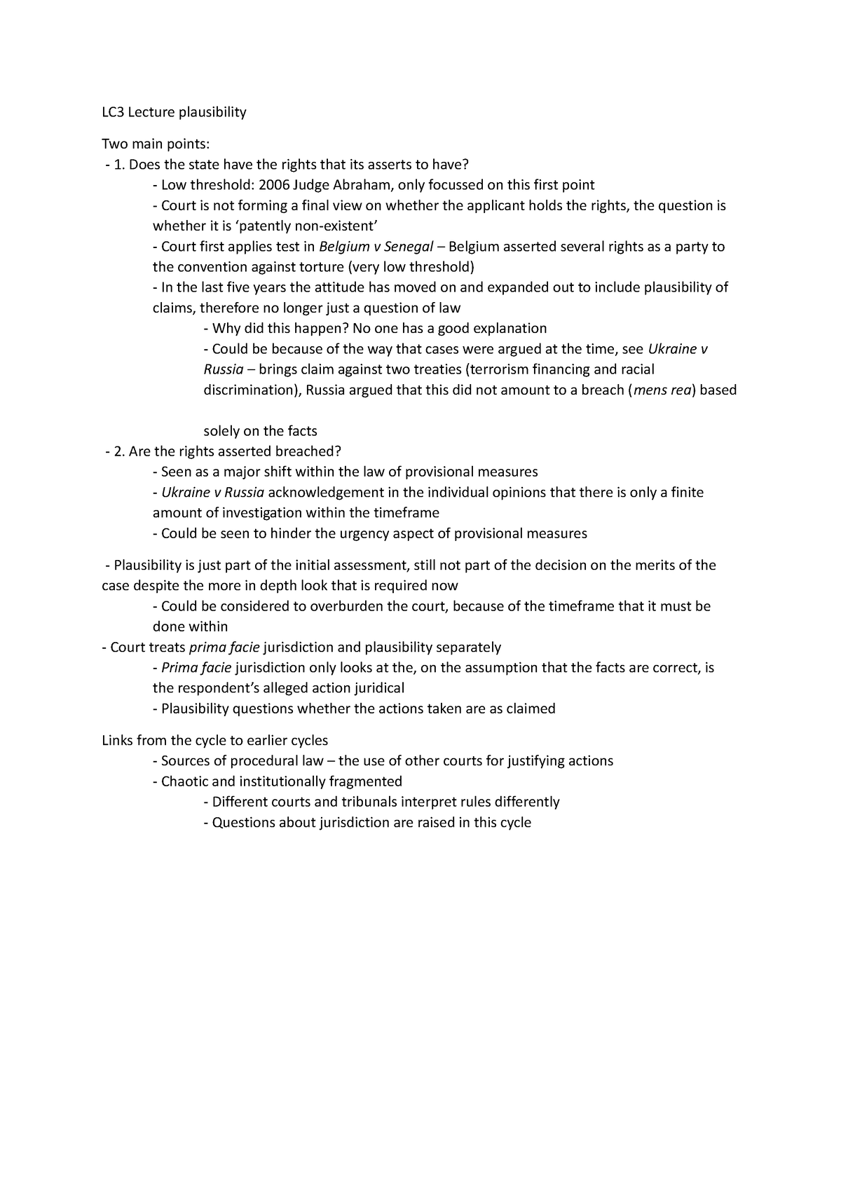 International Dispute Settlement - Lecture Notes - Plausibility - LC3 ...