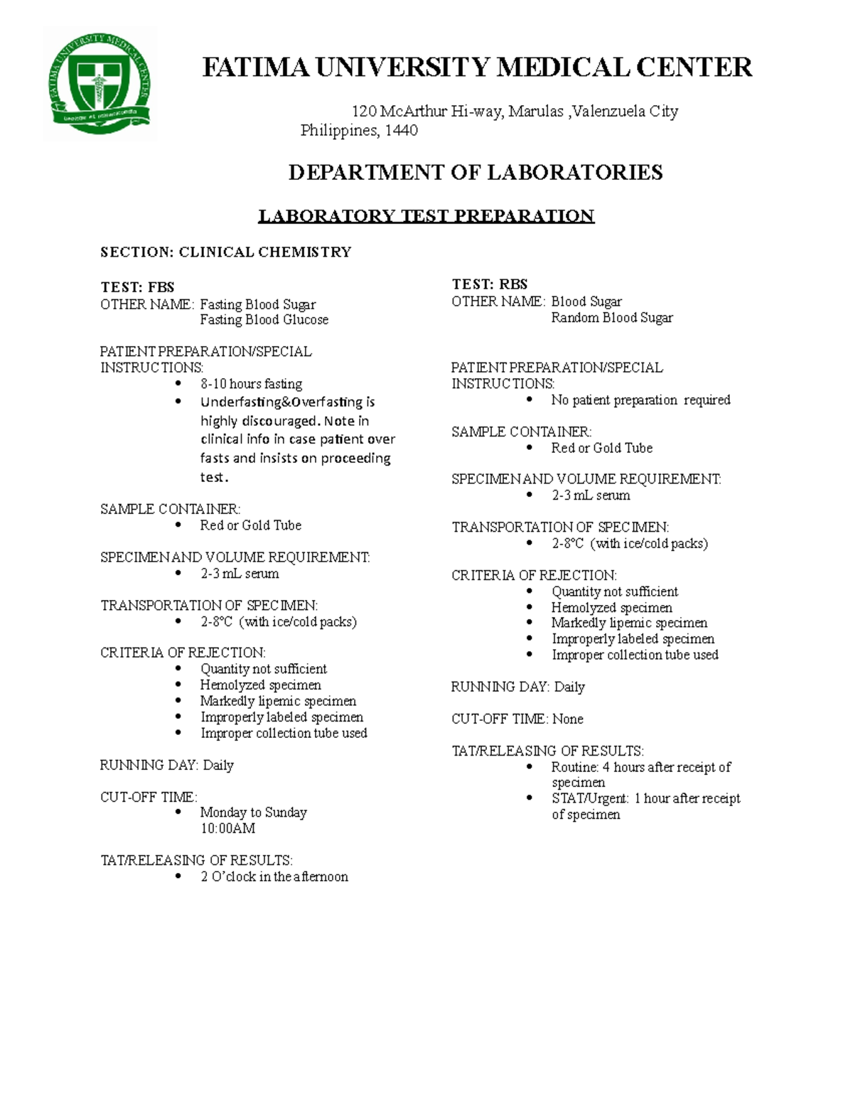 Laboratory TEST Preparation FATIMA UNIVERSITY MEDICAL CENTER 120