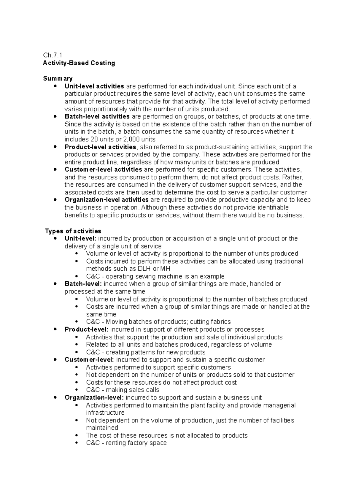 Ch7 ActivityBased Costing Ch. ActivityBased Costing Summary Unit