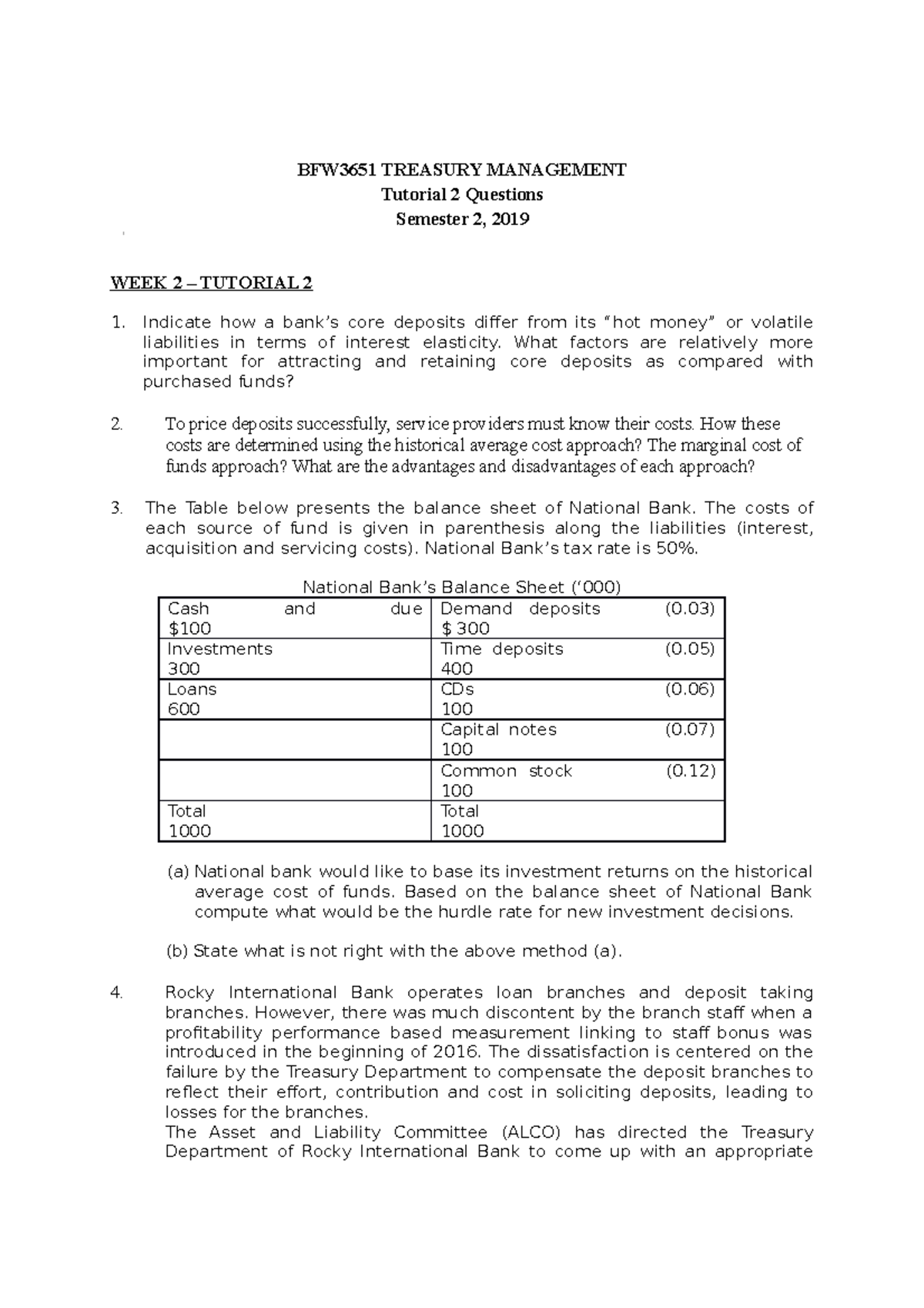 Treasury - BFW3651 TREASURY MANAGEMENT Tutorial 2 Questions Semester 2 ...