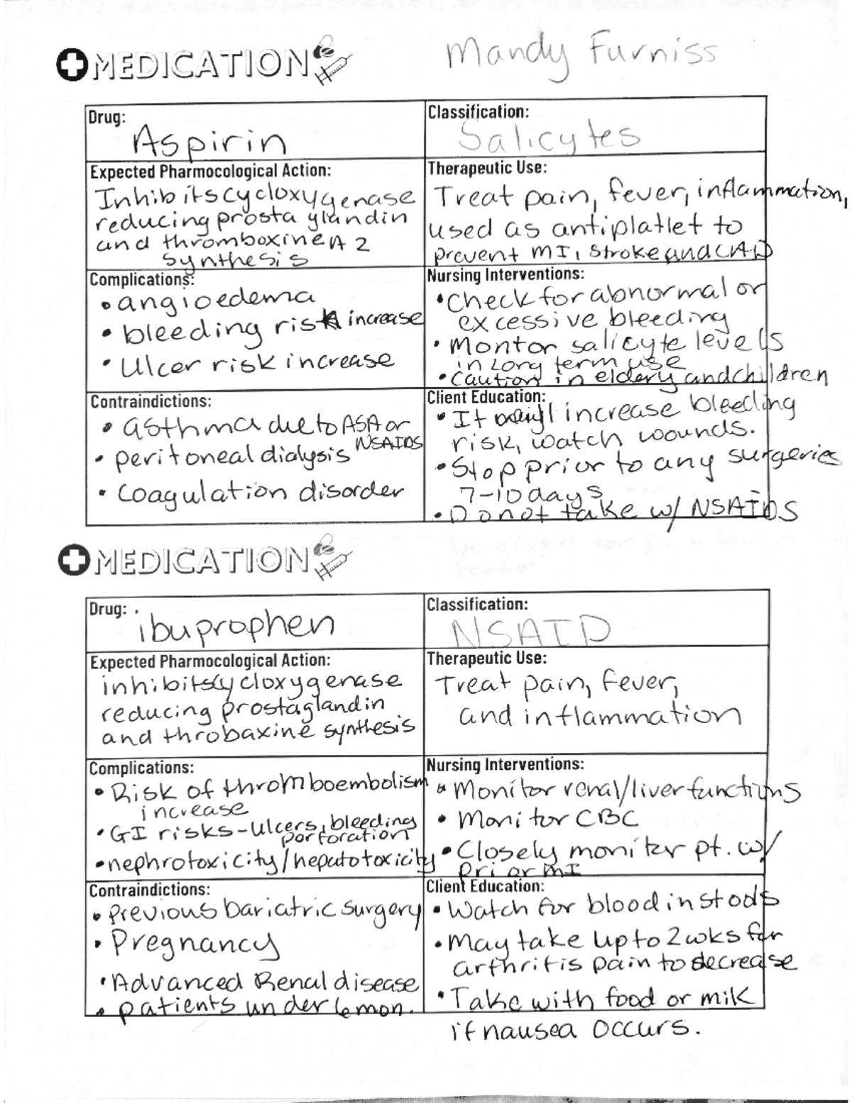 Med Cards wk 7 - NSAID Medications, class, contraindications, and ...