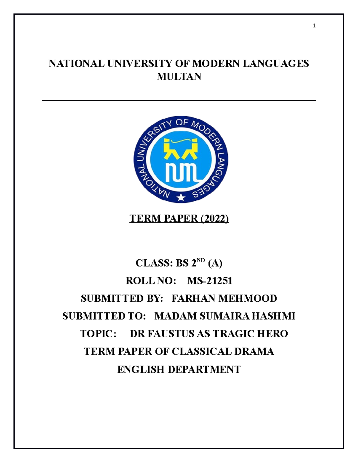 Dr Faustus as Tragic Hero - NATIONAL UNIVERSITY OF MODERN LANGUAGES ...