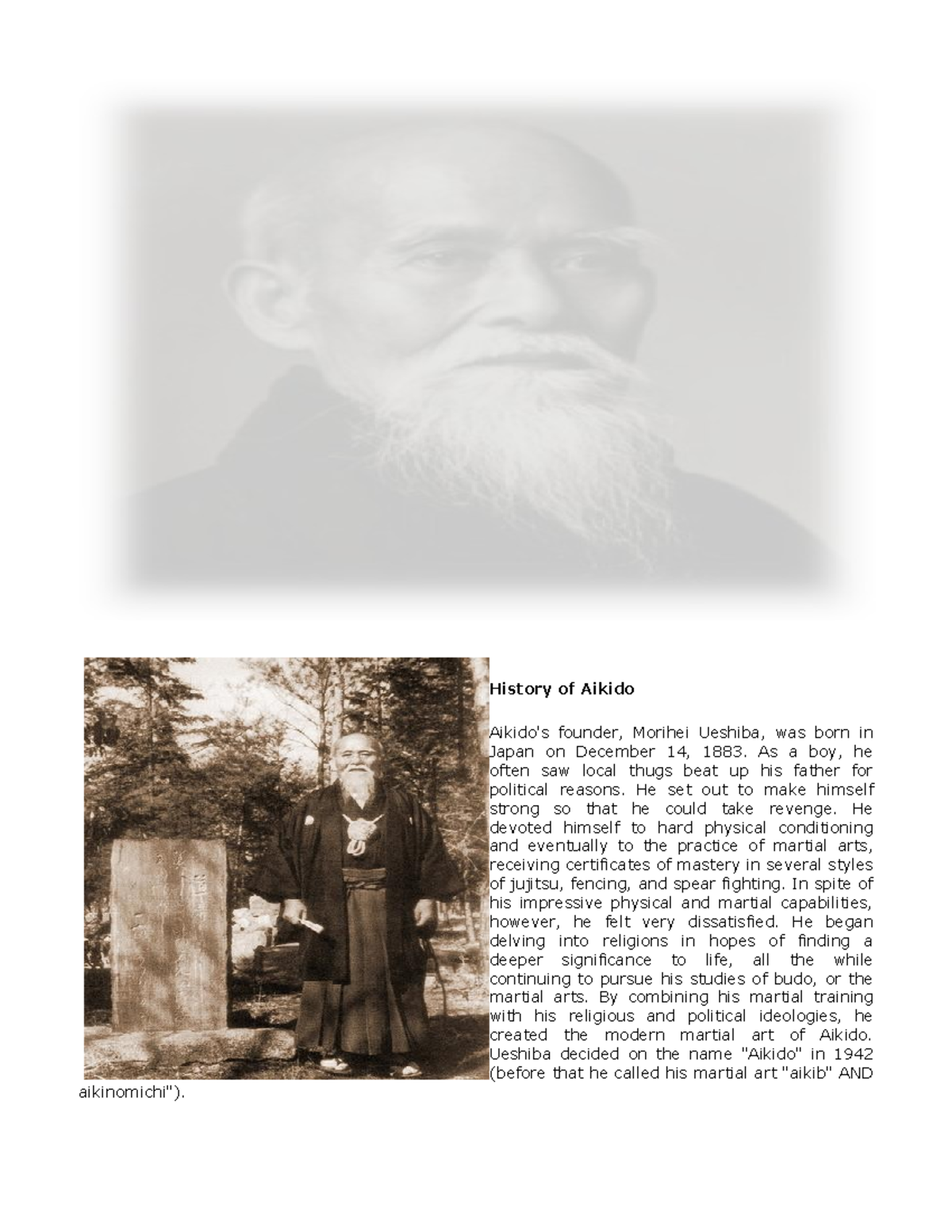 Aikido- Lecture - History of Aikido Aikido's founder, Morihei Ueshiba ...