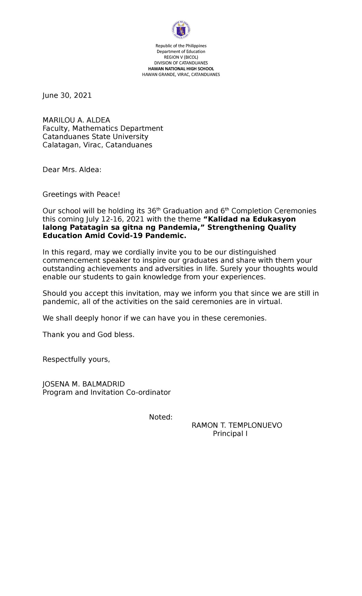 Invitation Letter - Republic of the Philippines Department of Education ...