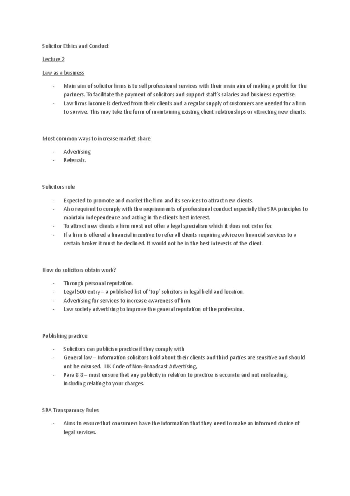 Lecture 2 Notes Solicitor Ethics and Conduct Lecture 2 Law as a