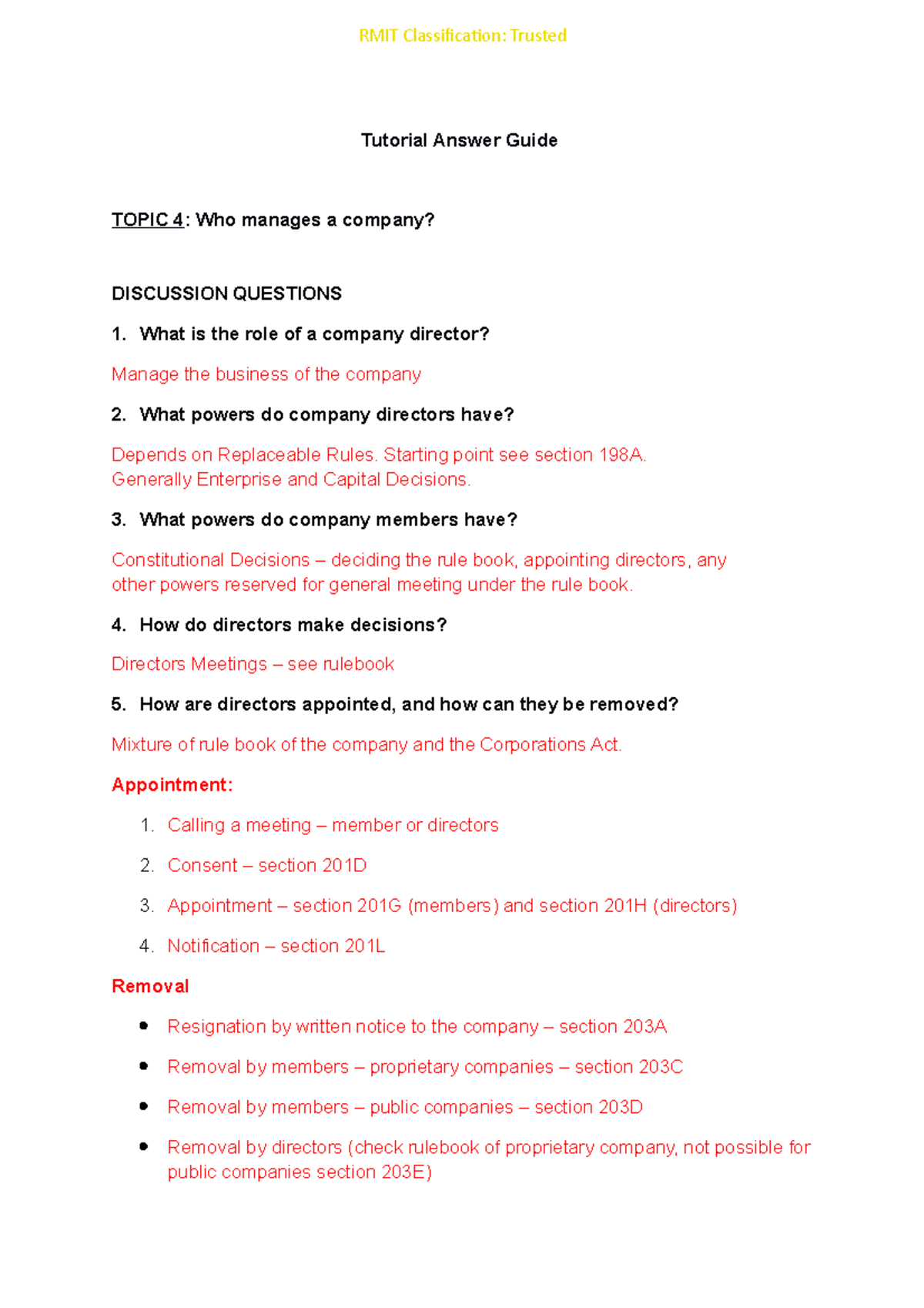 Week 5 - Company Law - Tutorial Answer Guide-1 - Tutorial Answer Guide ...