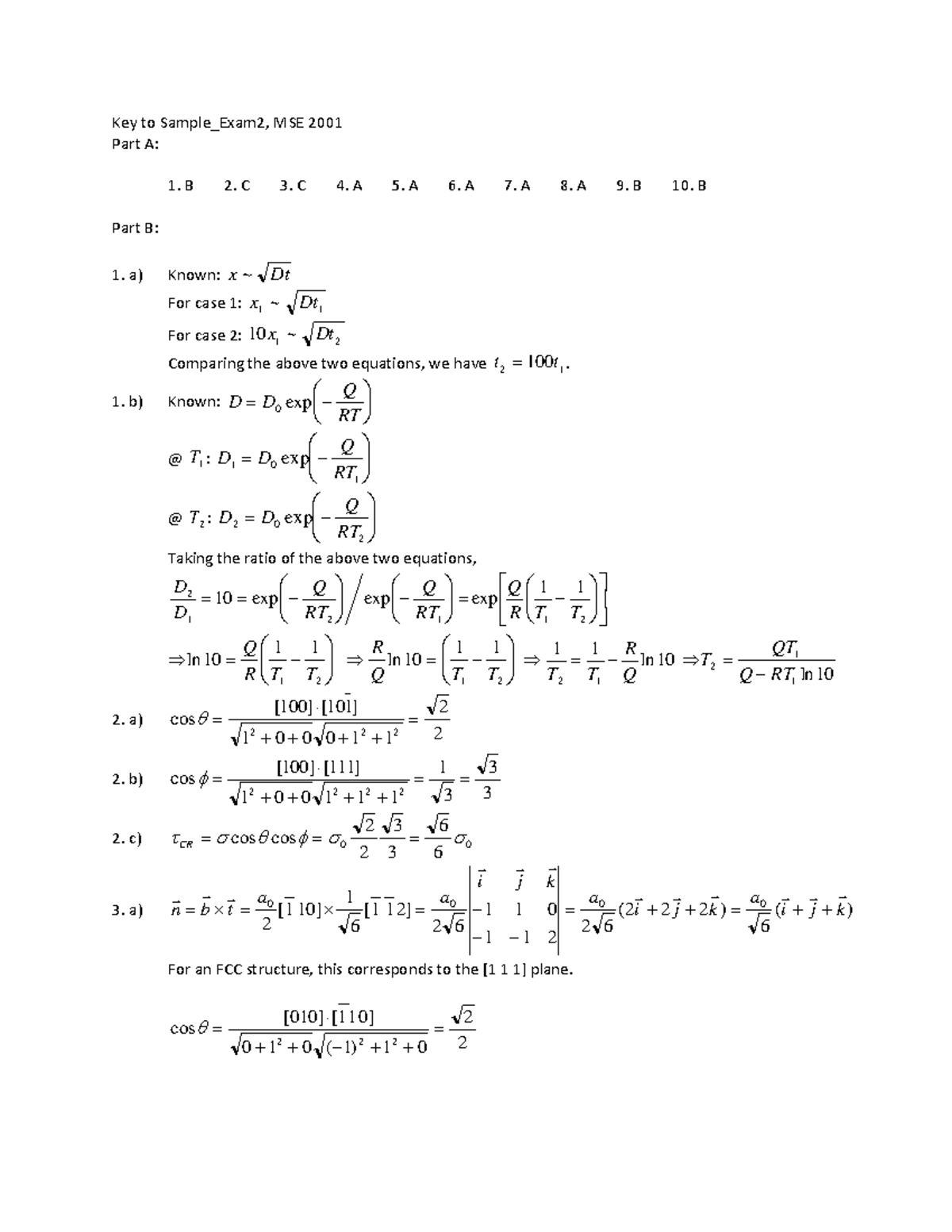 Practice Exam 2solutions Only Key To Sampleexam2 Mse 2001 Part A B 2 C 3 C 4 A 5 A 6 5974