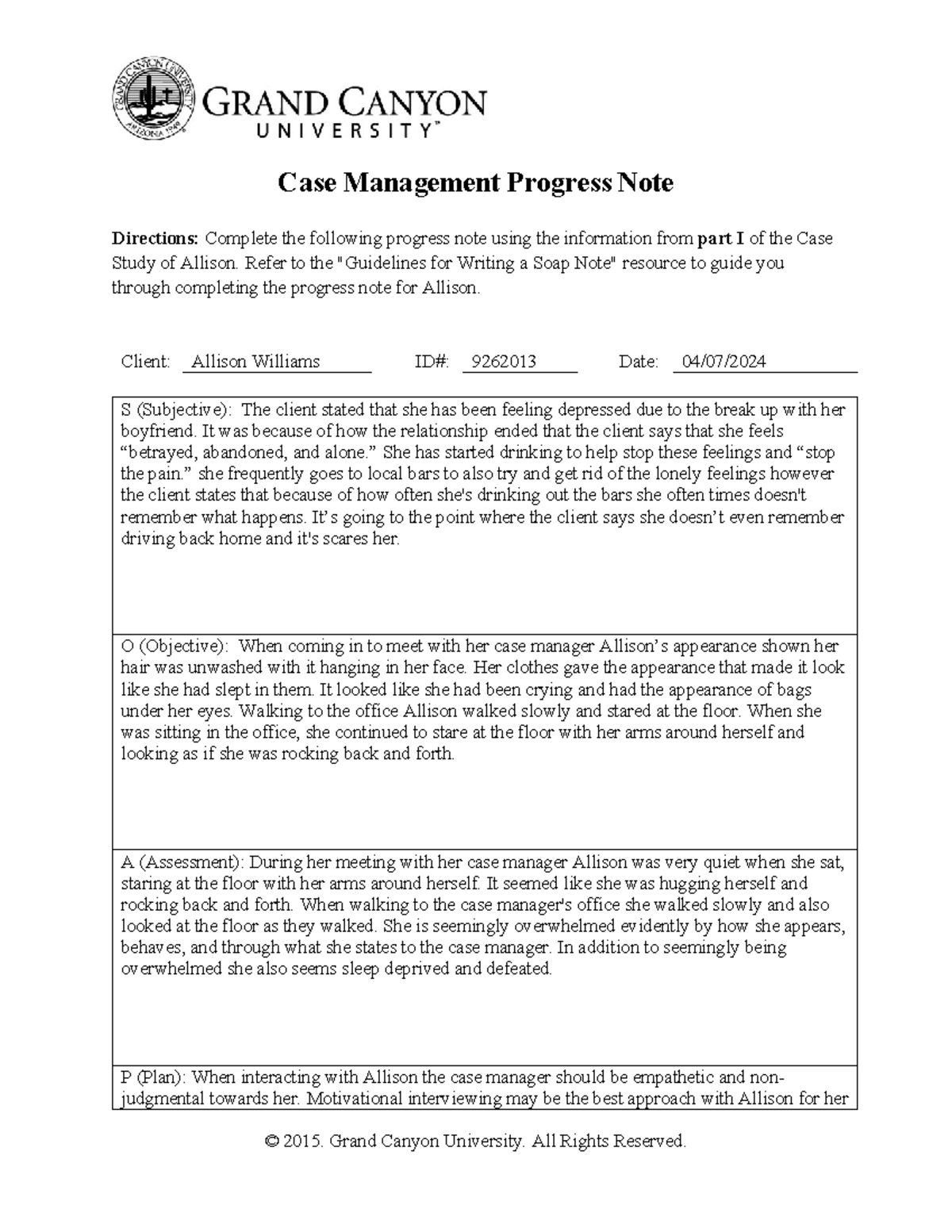 PCN255 - Form for client: Alison - Case Management Progress Note ...