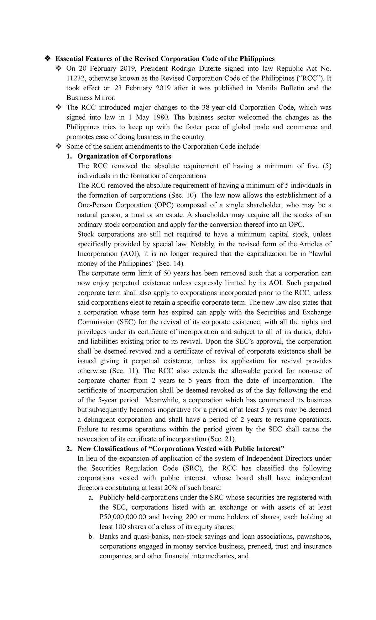 LAW ϖ Essential Features of the Revised Corporation Code of the