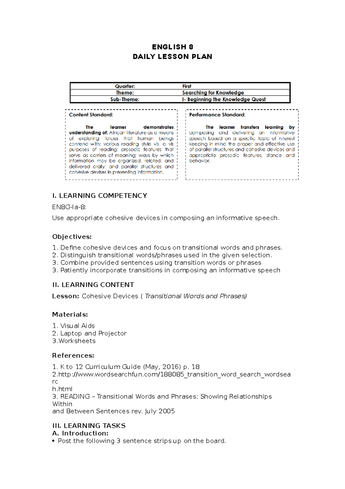English 8 DLL Cohesive Device ENGLISH 8 DAILY LESSON PLAN I. LEARNING