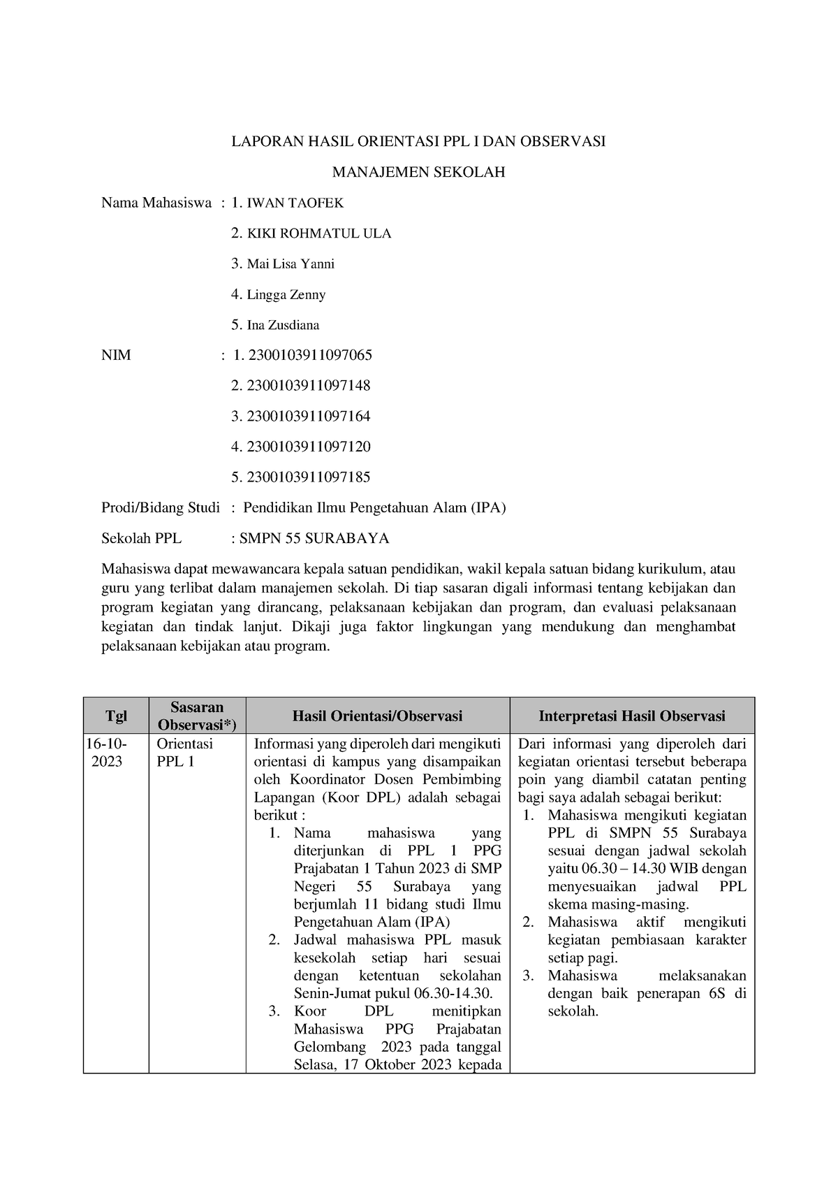 LK-1-PPL 1 ORIENTASI - LAPORAN HASIL ORIENTASI PPL I DAN OBSERVASI ...