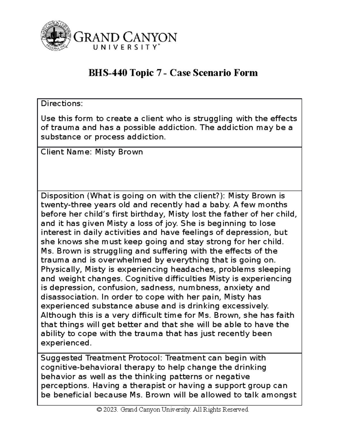 Create A Case Scenario BHS440 Topic 7 Case Scenario Form